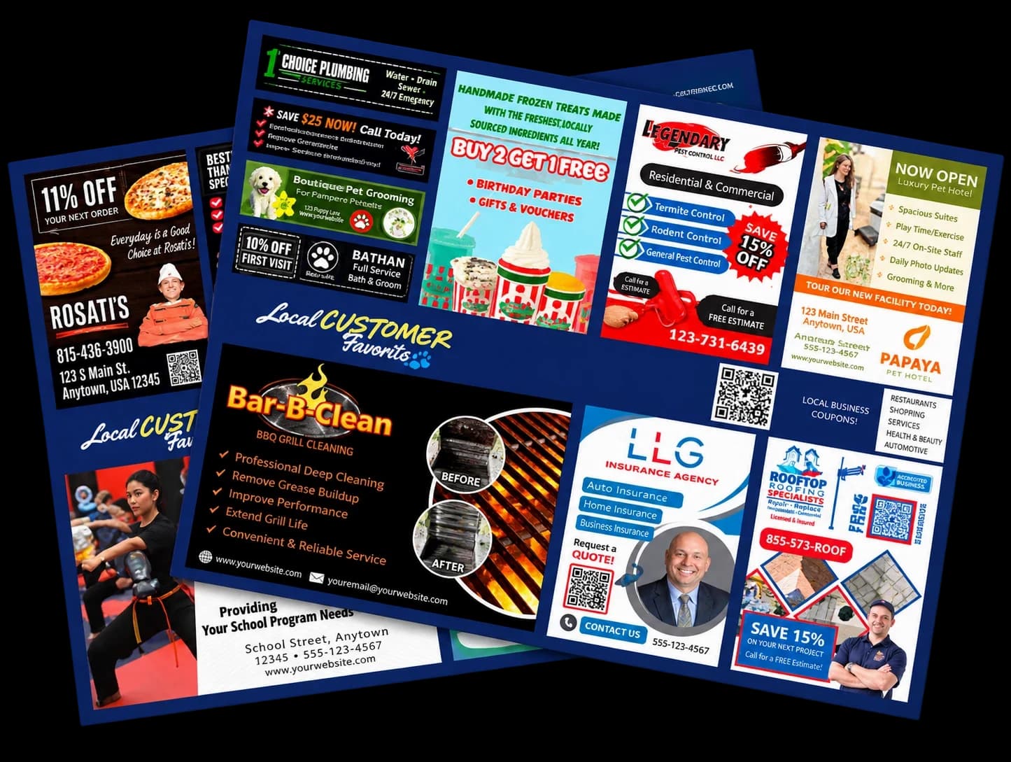 Real Local Customer Boost shared postcards, front and back, filled with local business ads